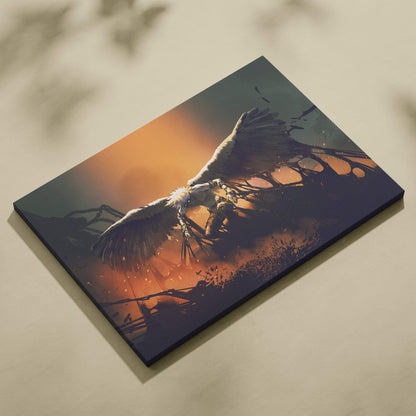Fallen angel canvas print with black gold winged warrior silhouette against orange and dark blue sunset sky
