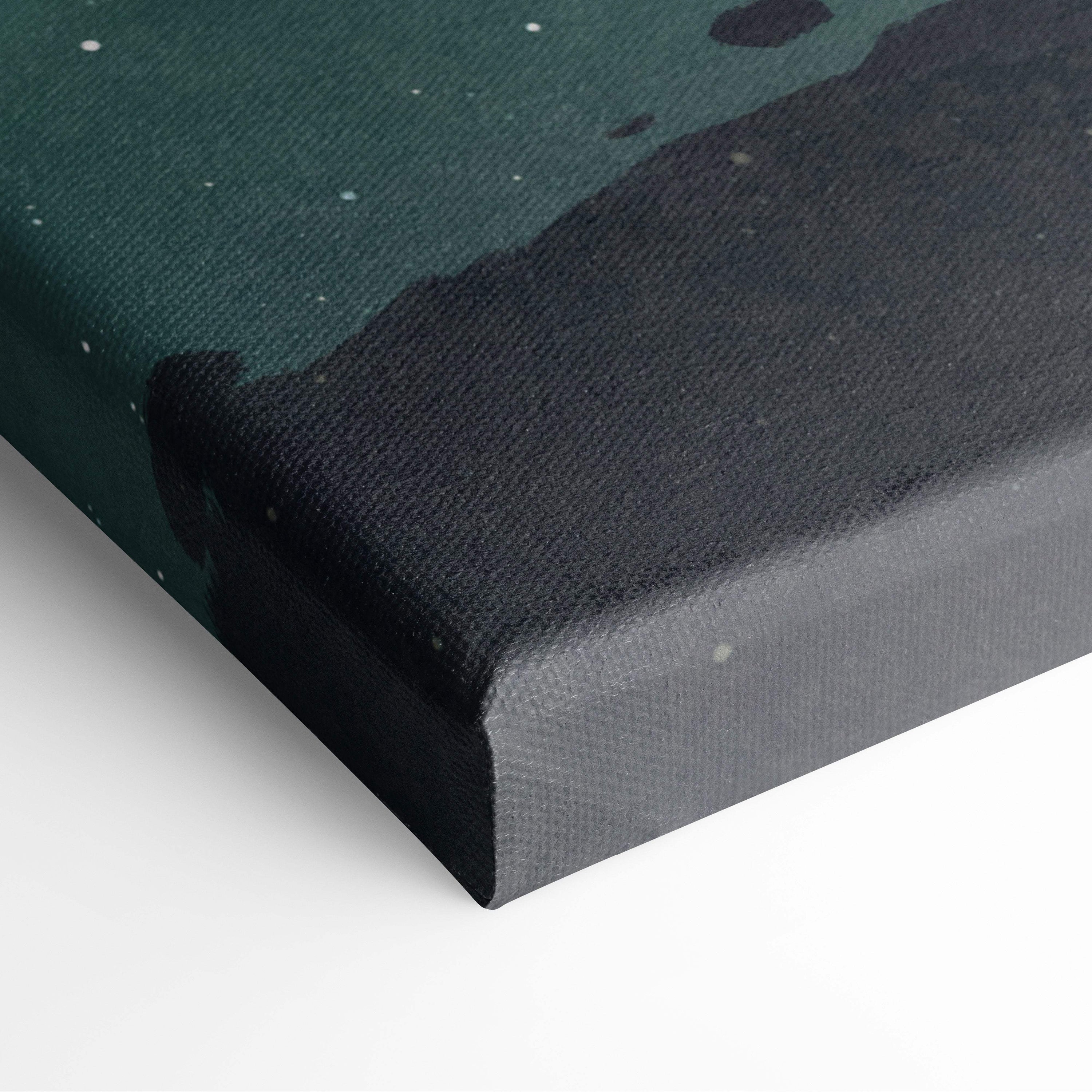 Dark green and black textured canvas print titled lantern of the void featuring surreal lone child and grim reaper scene