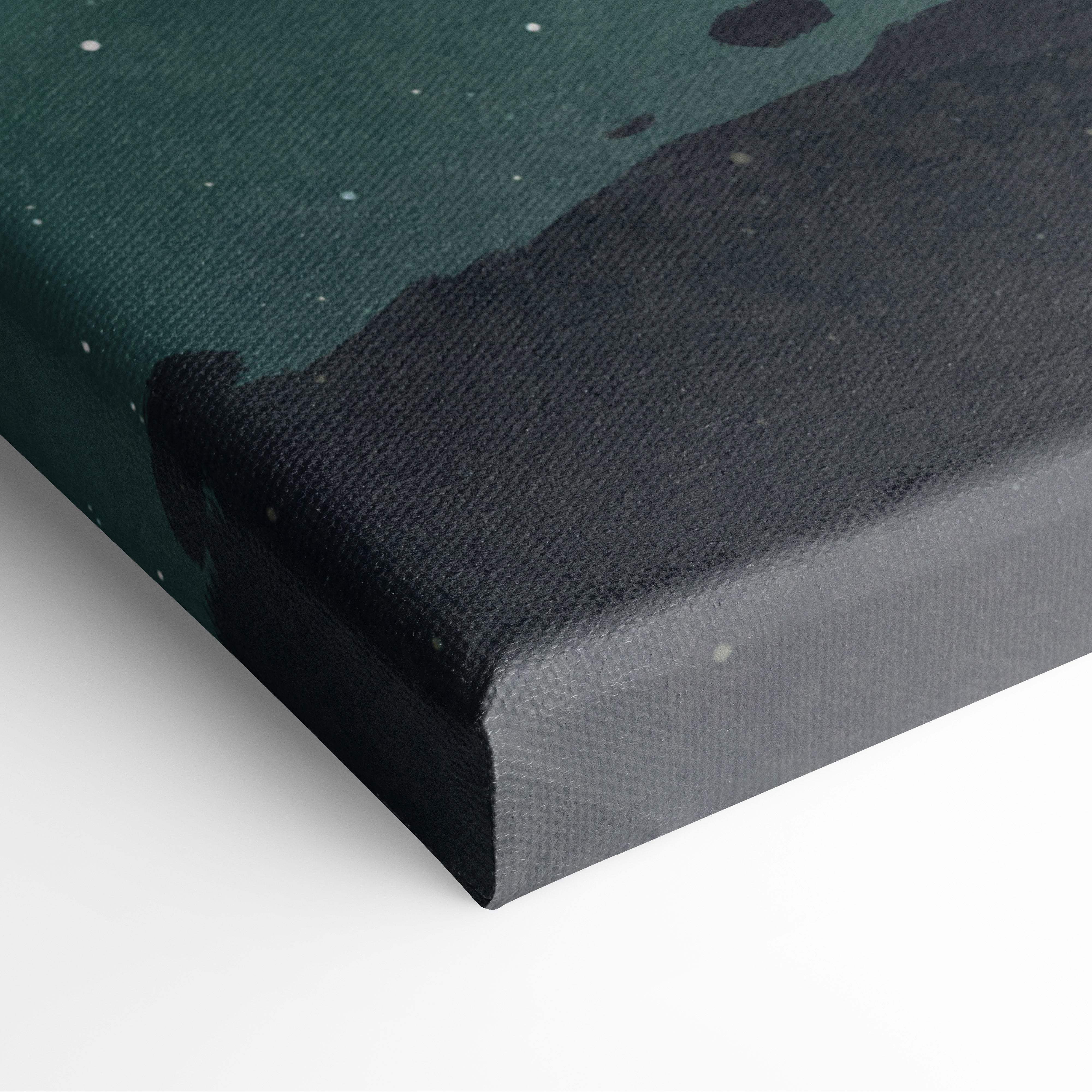 Dark green and black textured canvas print titled lantern of the void featuring surreal lone child and grim reaper scene