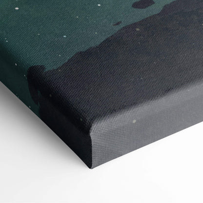 Dark green and black textured canvas print titled lantern of the void featuring surreal lone child and grim reaper scene