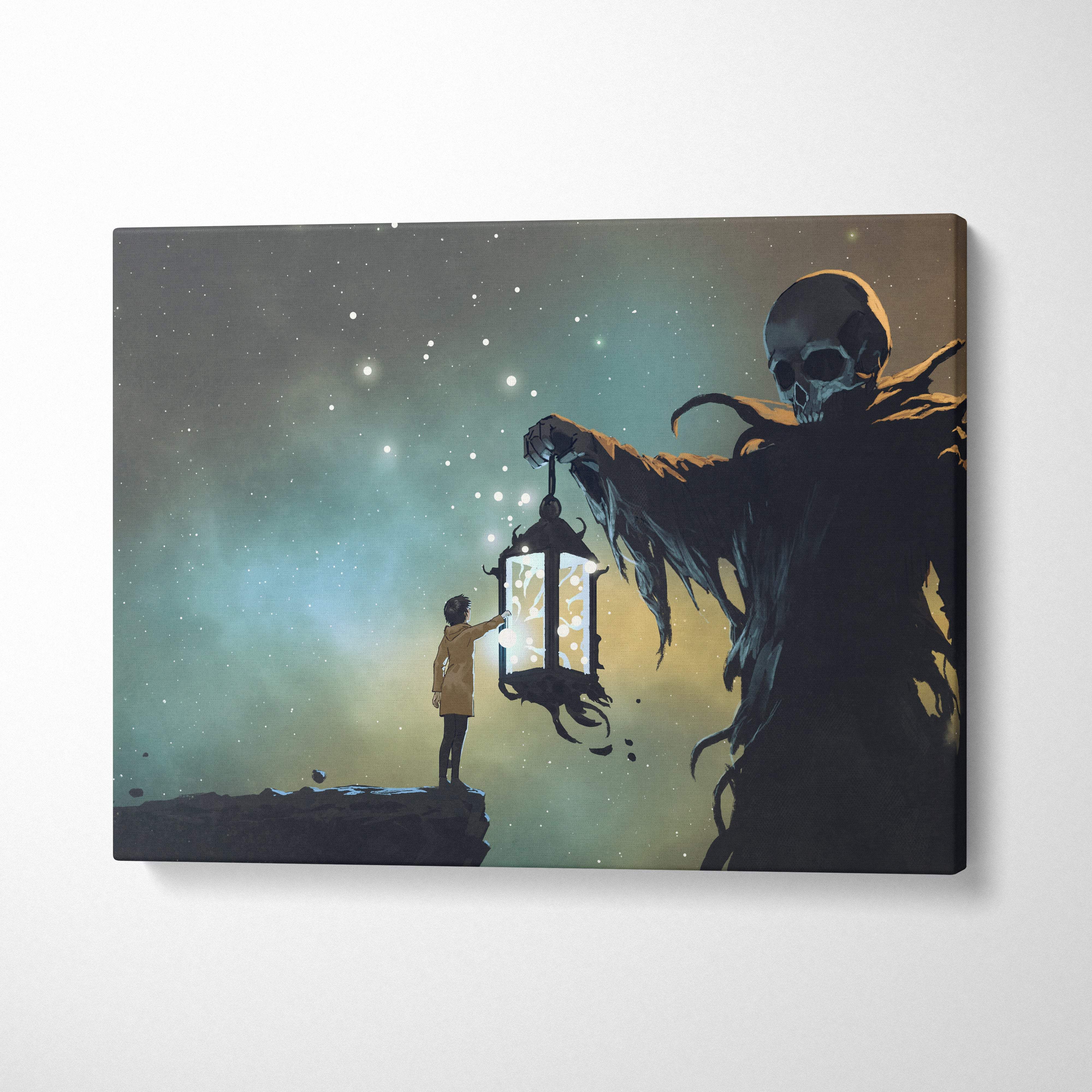 Canvas print of a skeletal figure holding an ornate lantern against a starry nebulous sky in dark fantasy style