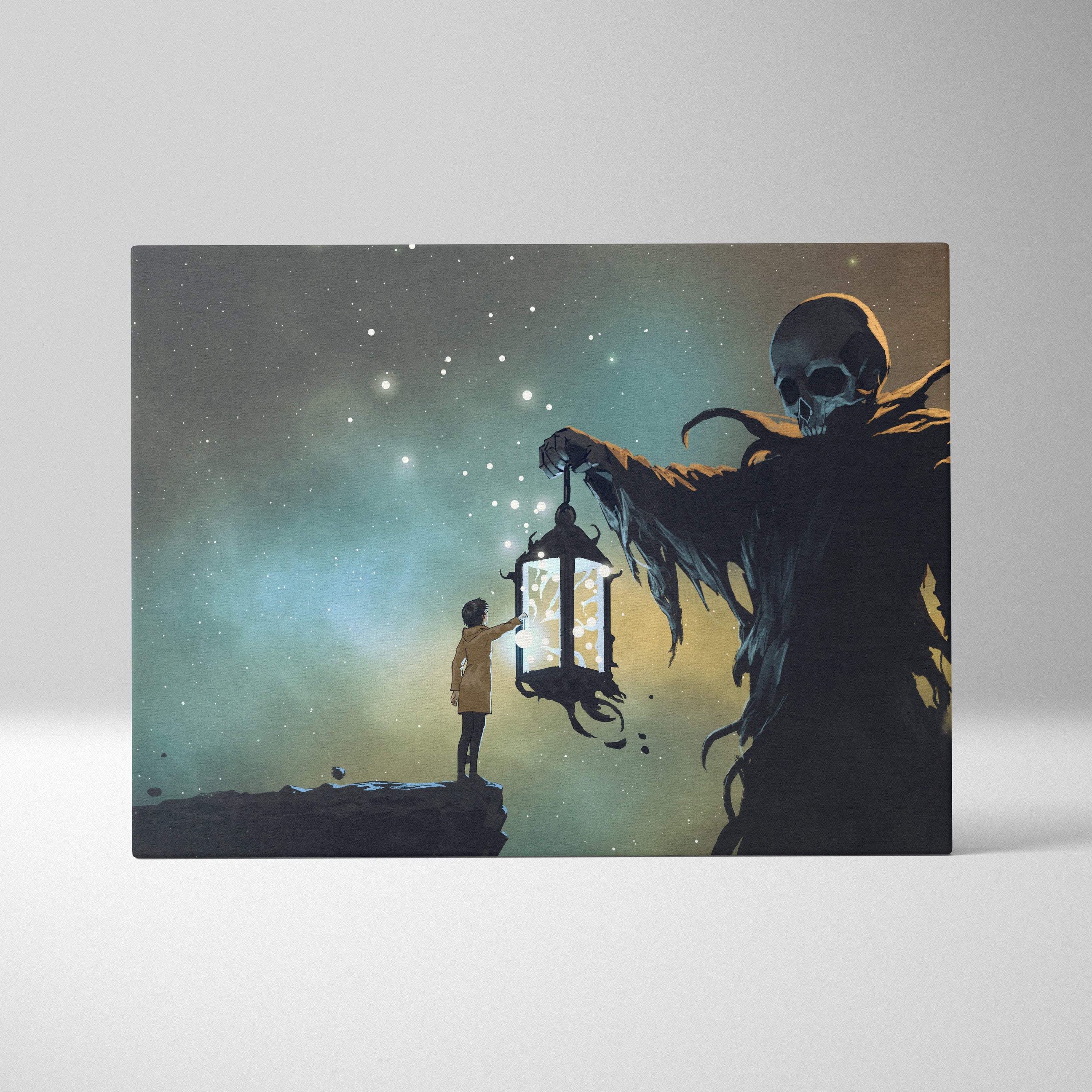Rectangular canvas print of a skeletal figure holding a glowing lantern above a child on a cliff in a starry cosmic scene