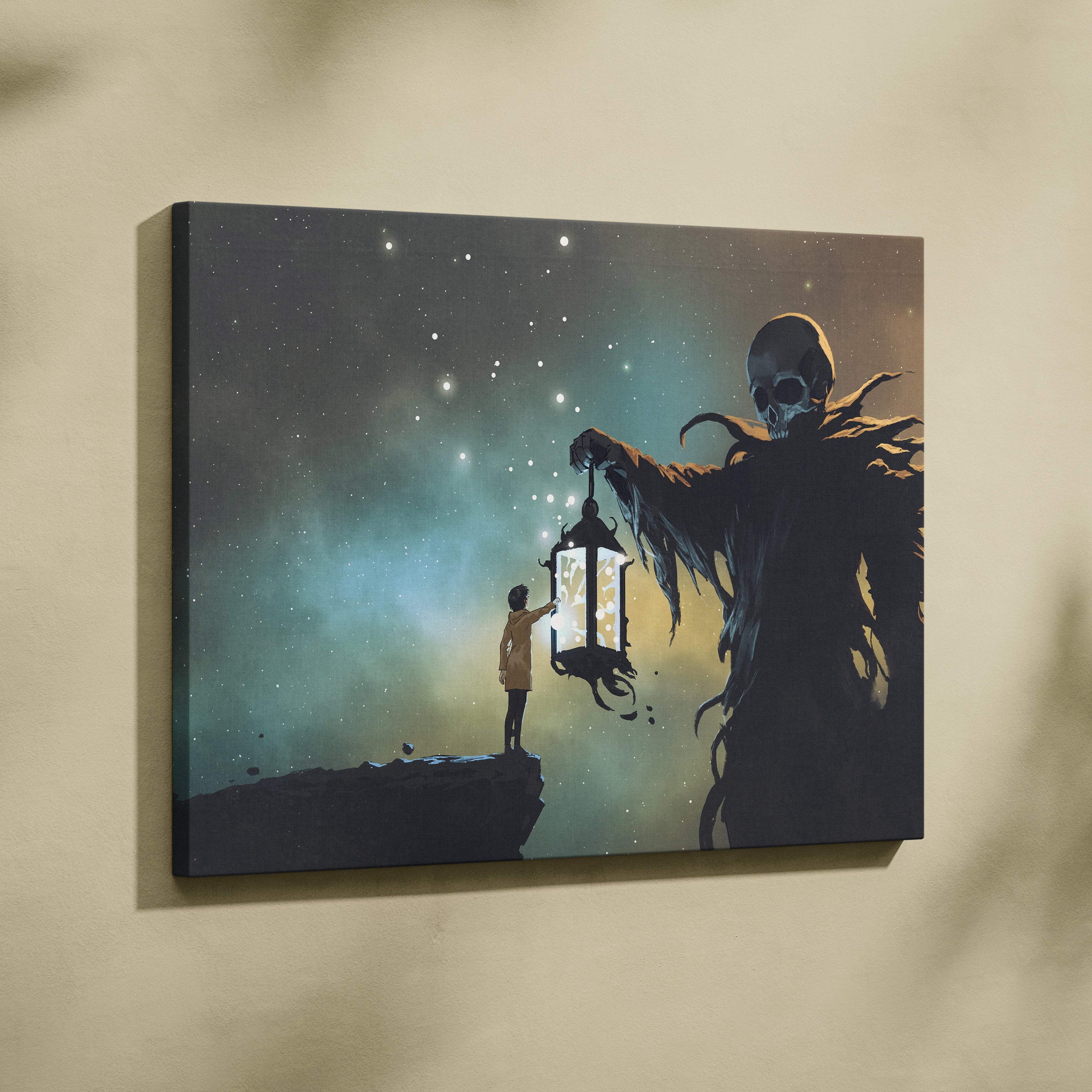 Canvas print of a skeletal grim reaper holding an ornate lantern above a child against a starry nebulous sky