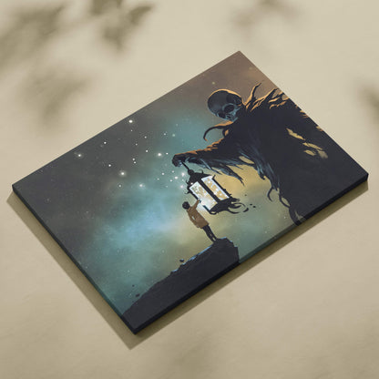 Canvas print of a dark surreal scene with a skeletal figure holding a lantern above a child under a starry sky