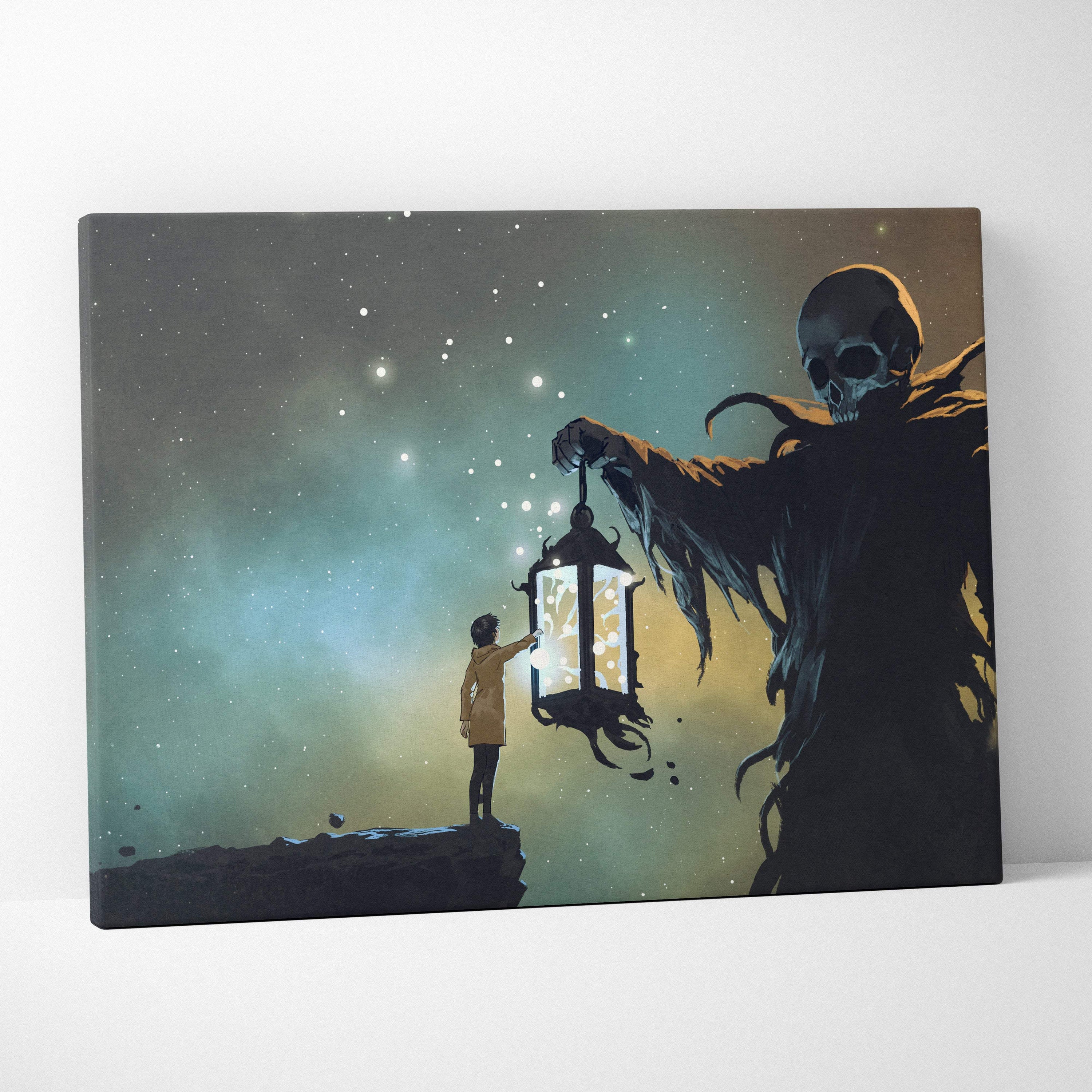 Canvas print of skeletal figure holding ornate lantern beside small person on cliff under starry sky in dark fantasy scene