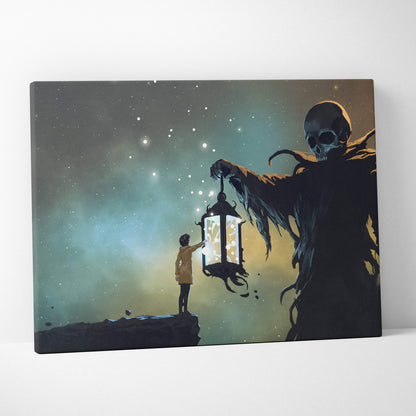 Canvas print of skeletal figure holding ornate lantern beside small person on cliff under starry sky in dark fantasy scene