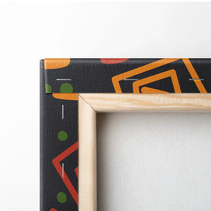 Bold tribal geometric pattern canvas wall art in red orange green on black