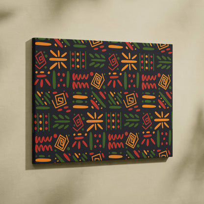 Bold tribal geometric pattern canvas wall art in red orange green on navy