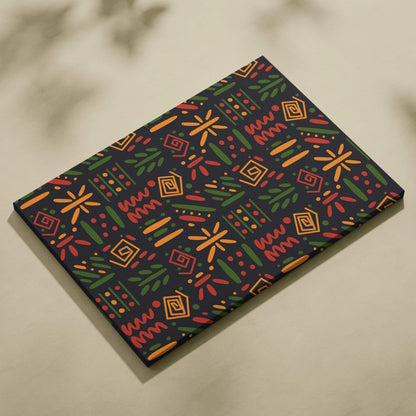 Bold tribal geometric canvas wall art in red orange green on black