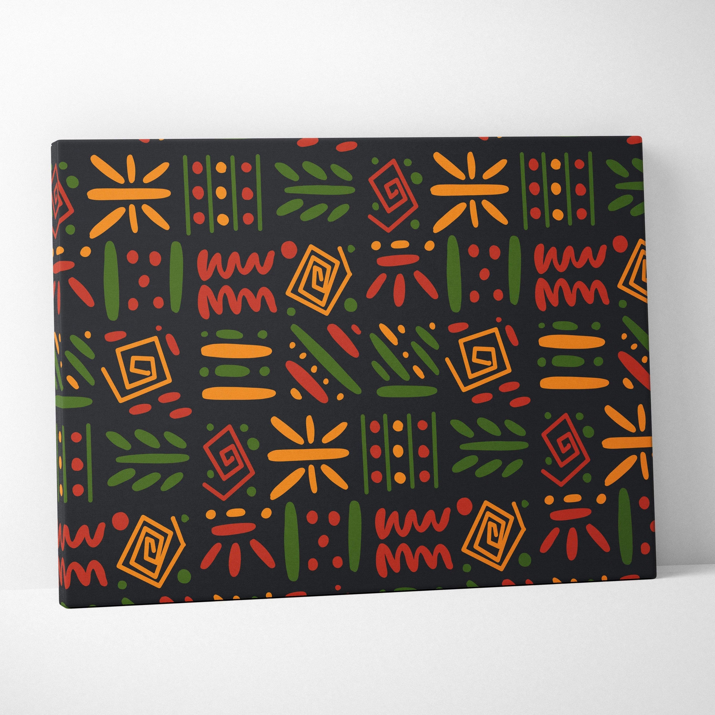 Bold tribal geometric pattern canvas wall art in red orange green on black