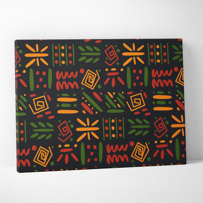 Bold tribal geometric pattern canvas wall art in red orange green on black