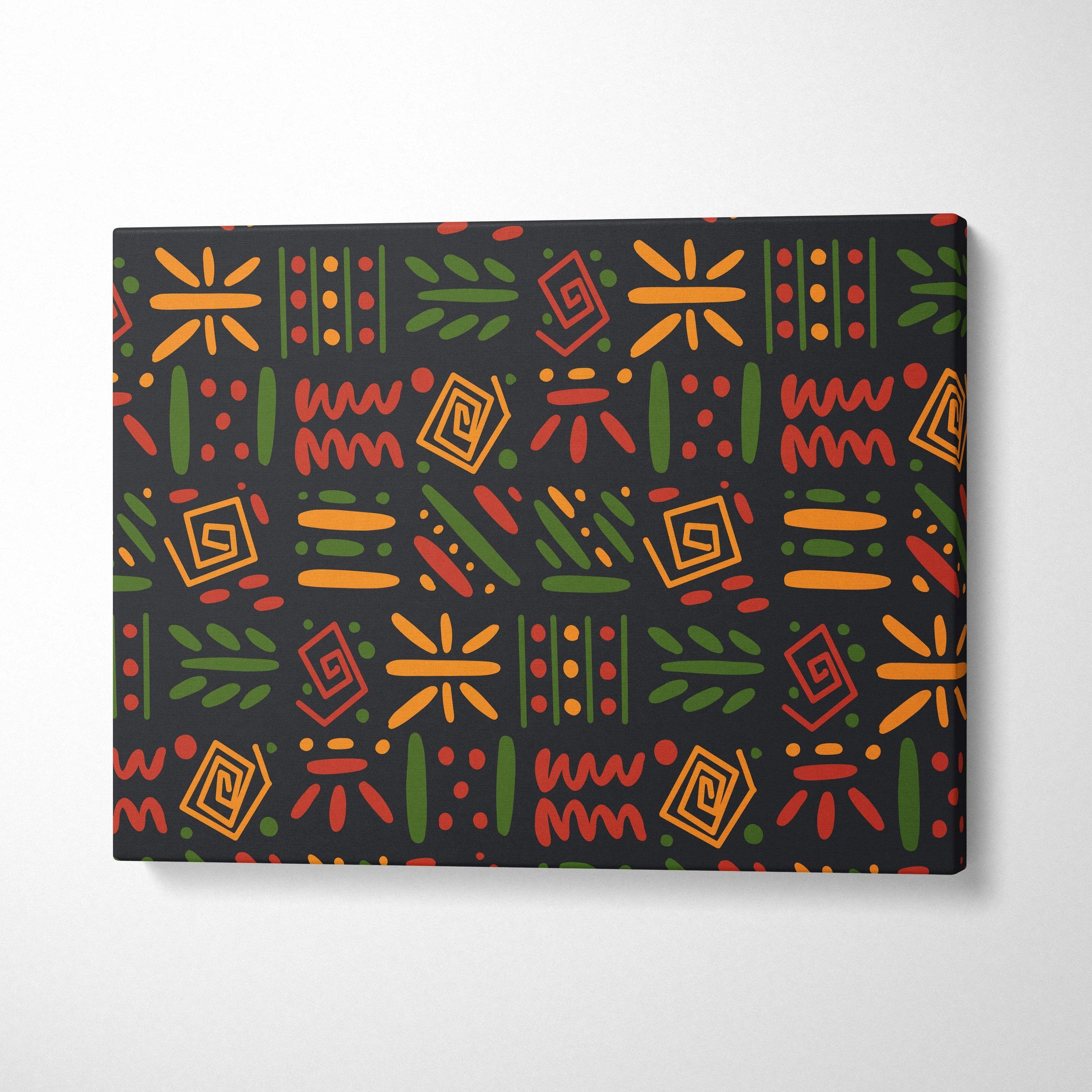Bold tribal geometric pattern canvas wall art in red orange green on black