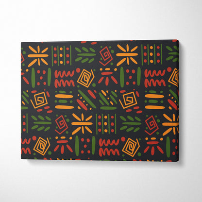 Bold tribal geometric pattern canvas wall art in red orange green on black