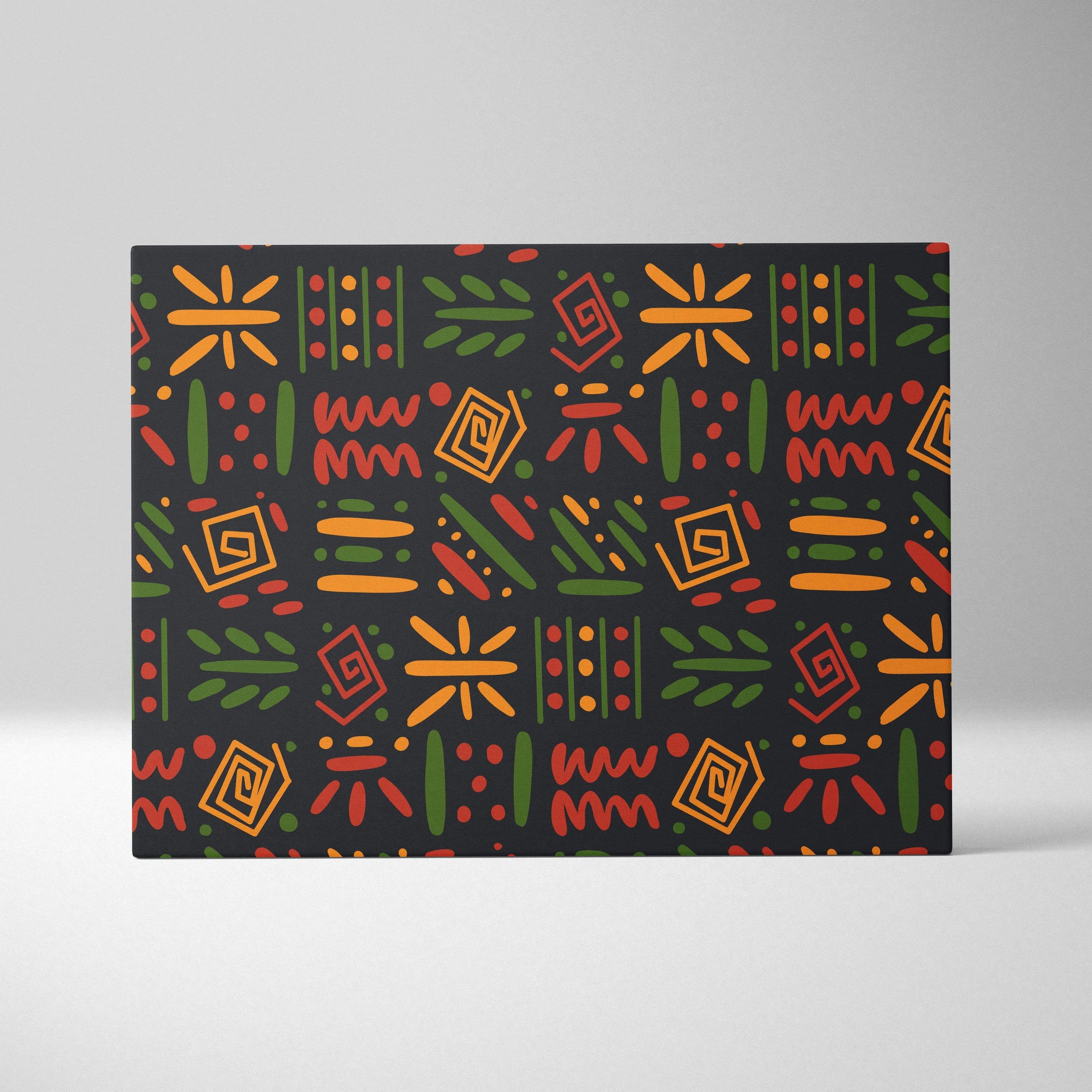 Bold tribal geometric pattern canvas wall art in red orange green on black