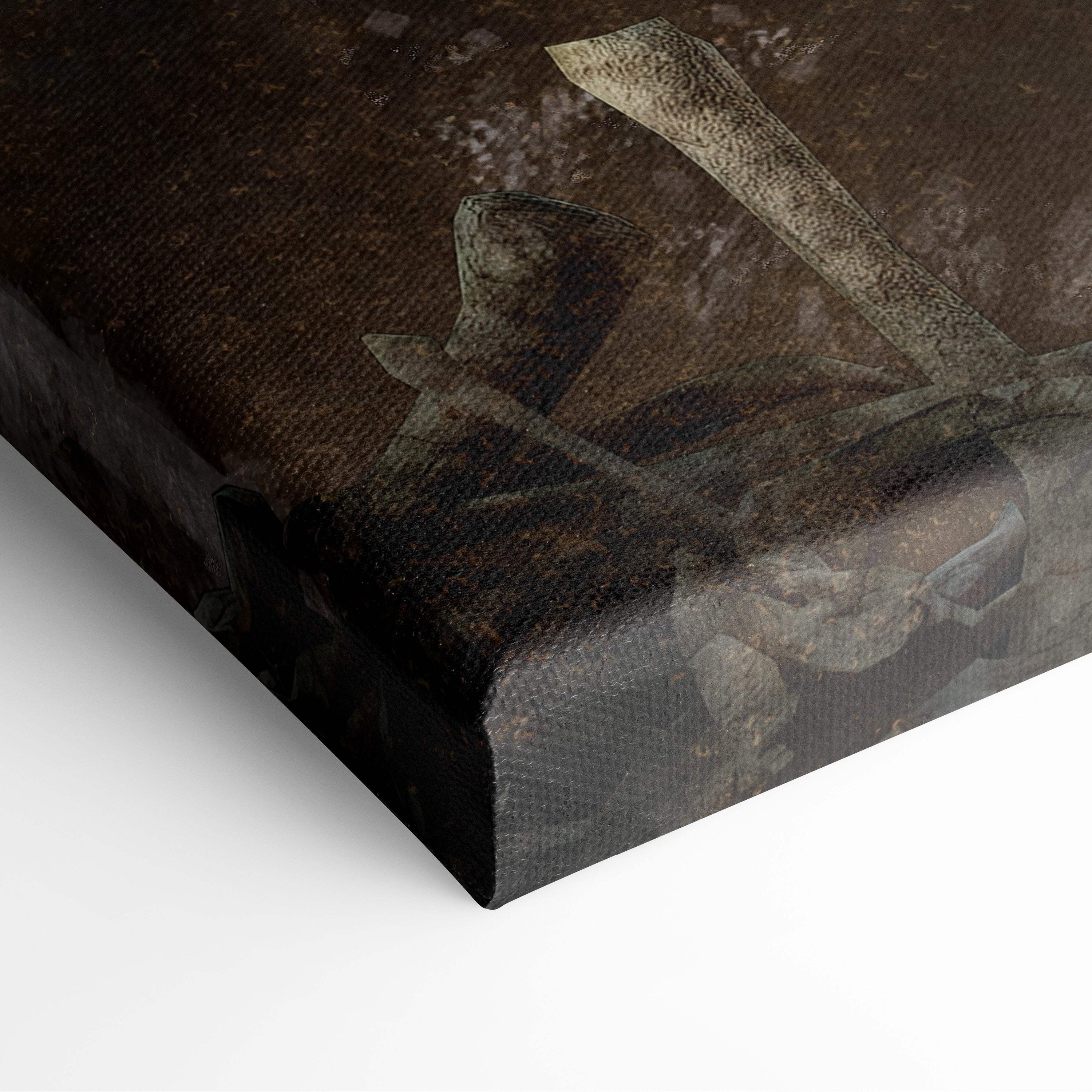A textured canvas print featuring a dark vintage top hat and cane illustration on a distressed brown background