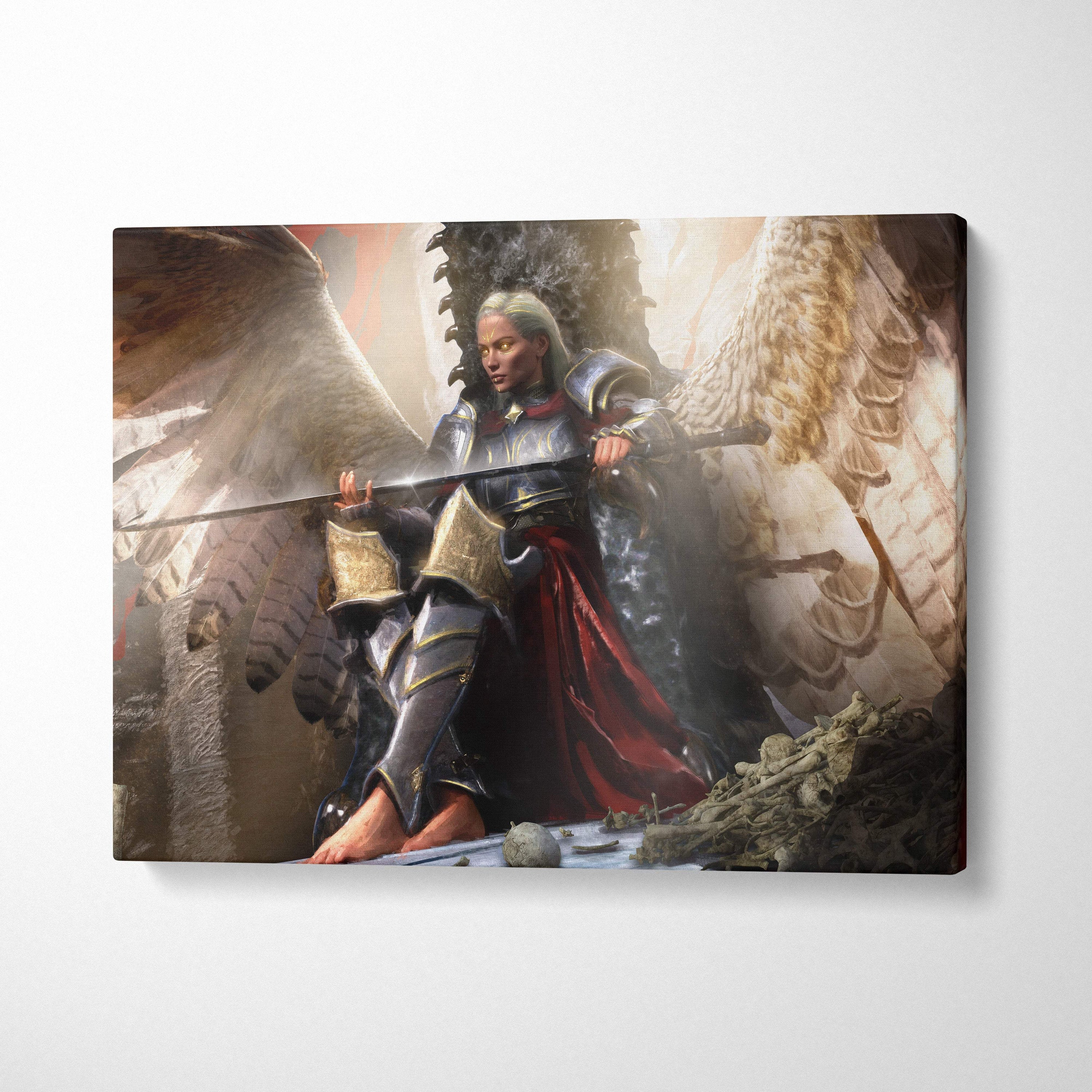 A framed canvas print of a warrior in dark gold armor with red cape sitting before massive wings in a dark fantasy scene
