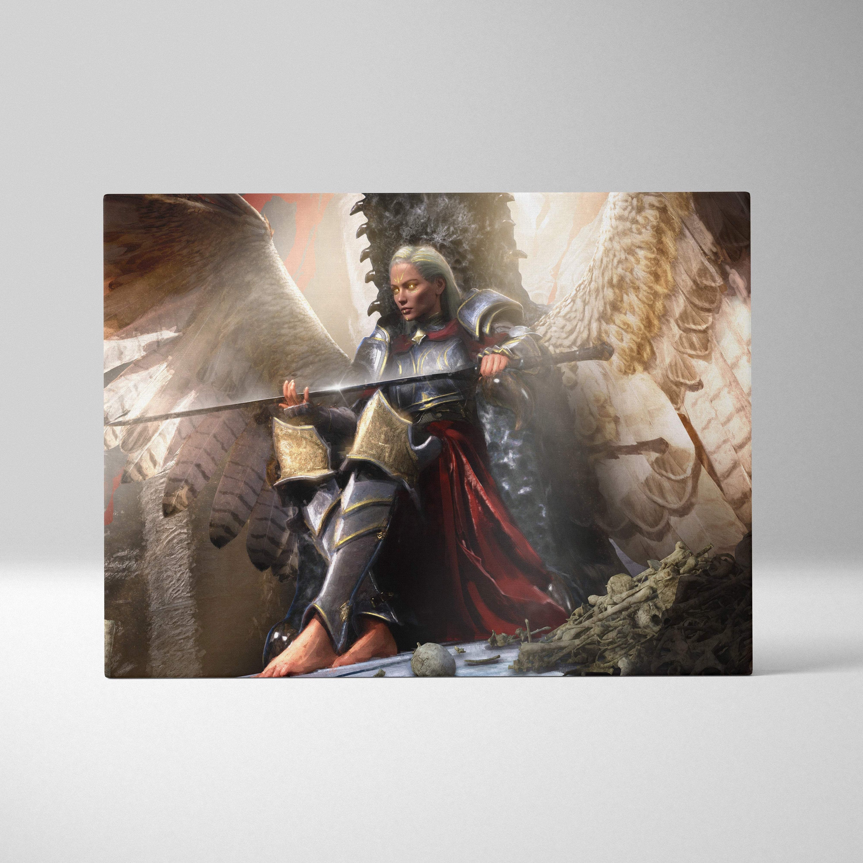 Rectangular canvas print of a silver armored angel with red cape sitting among bones holding a blood-stained sword