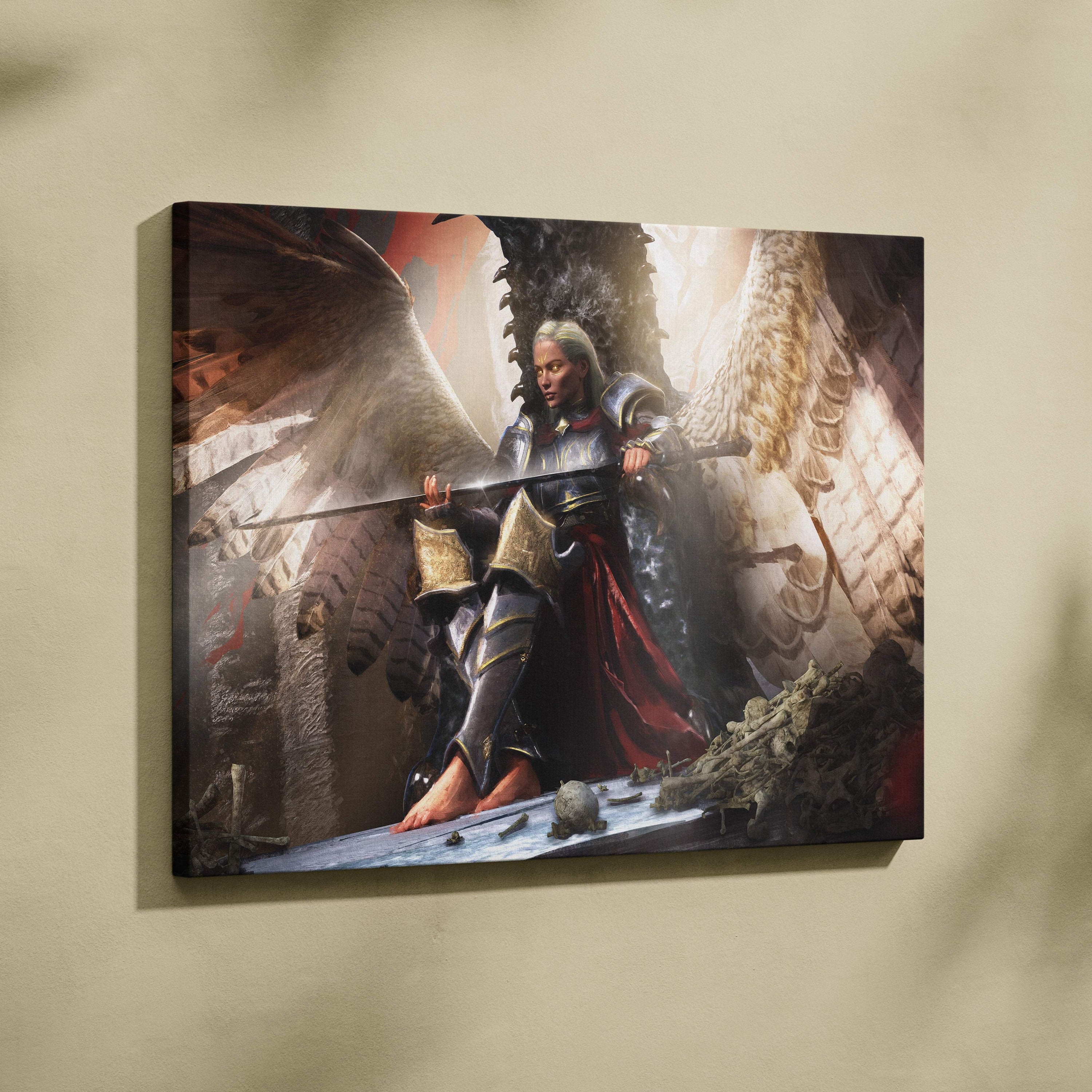 A framed canvas print of a silver haired fantasy warrior in dark armor with dragon wings holding a blood stained sword
