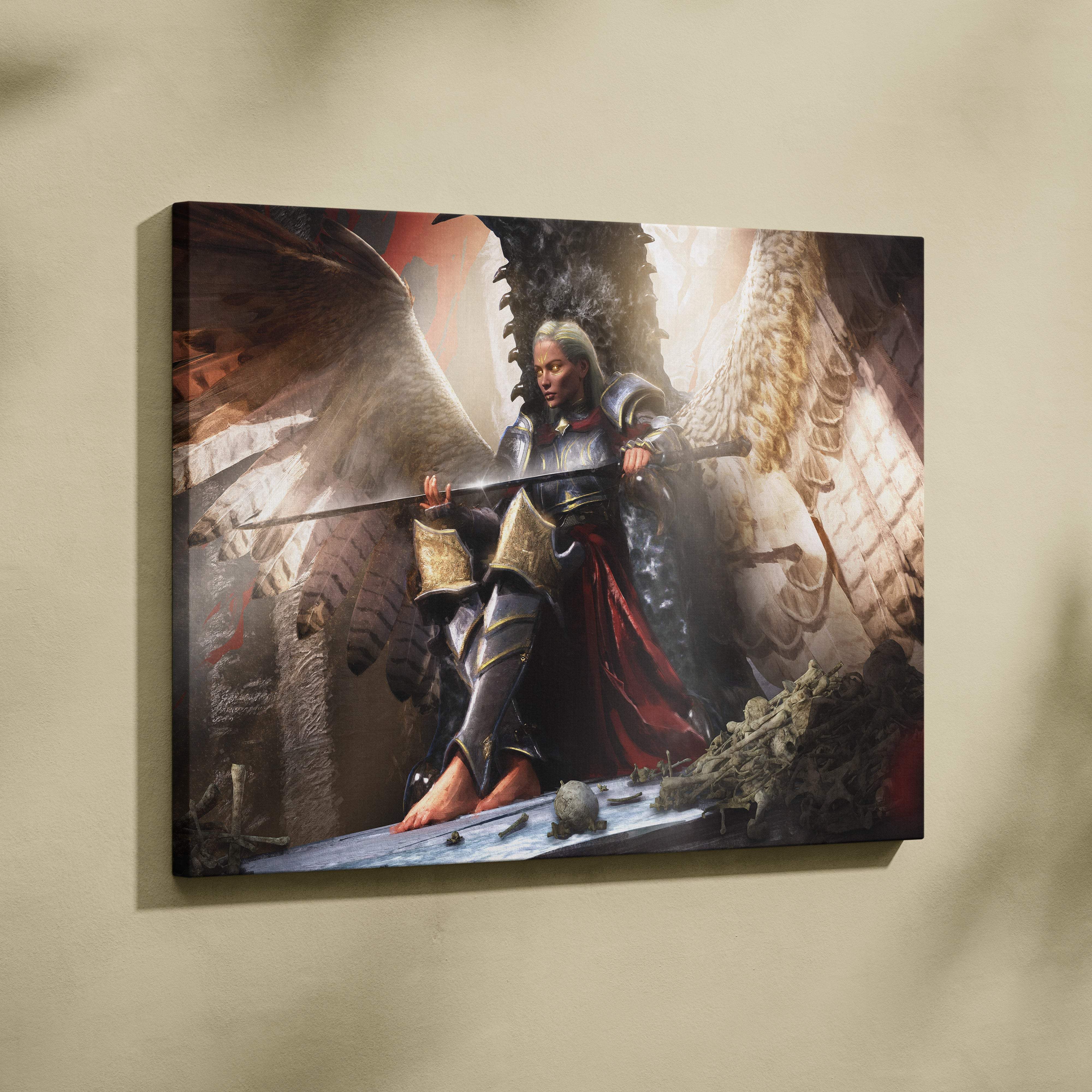 A framed canvas print of a silver haired fantasy warrior in dark armor with dragon wings holding a blood stained sword