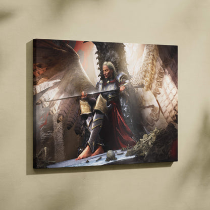A framed canvas print of a silver haired fantasy warrior in dark armor with dragon wings holding a blood stained sword