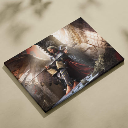 A rectangular canvas print featuring a fantasy warrior in dark armor with gold accents and red cape amidst wings