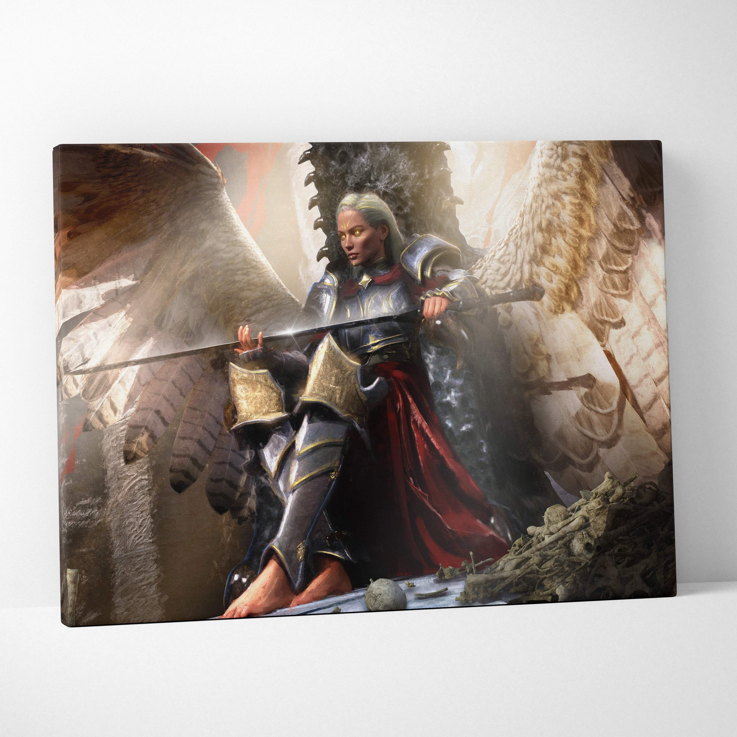 A framed canvas print of a silver-haired armored angel with tattered wings sitting among bones holding a sword