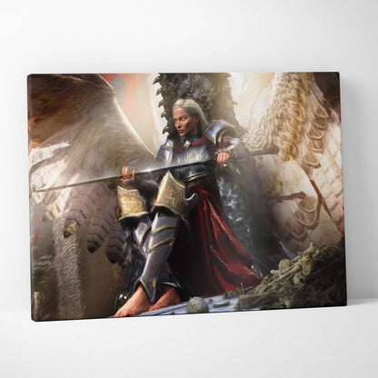 A framed canvas print of a silver-haired armored angel with tattered wings sitting among bones holding a sword