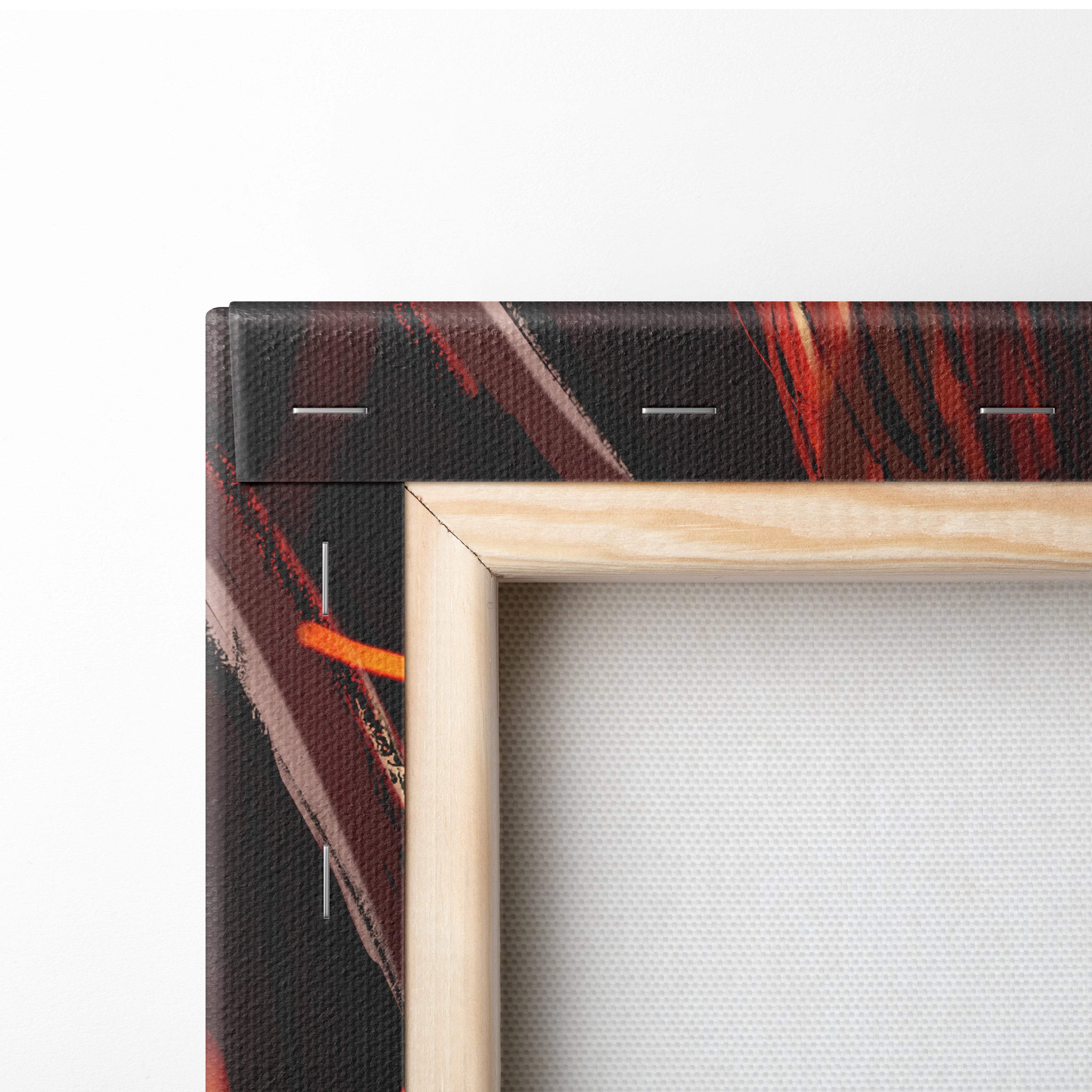 Light-colored wooden frame holding canvas with abstract red and black brushstrokes in fiery golden-eyed warrior anime art
