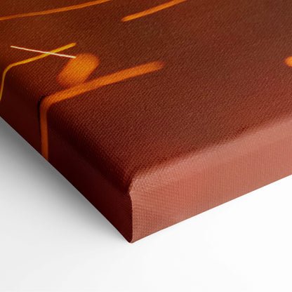 Brown canvas print featuring abstract orange and yellow line art inspired by fiery golden-eyed warrior anime fantasy