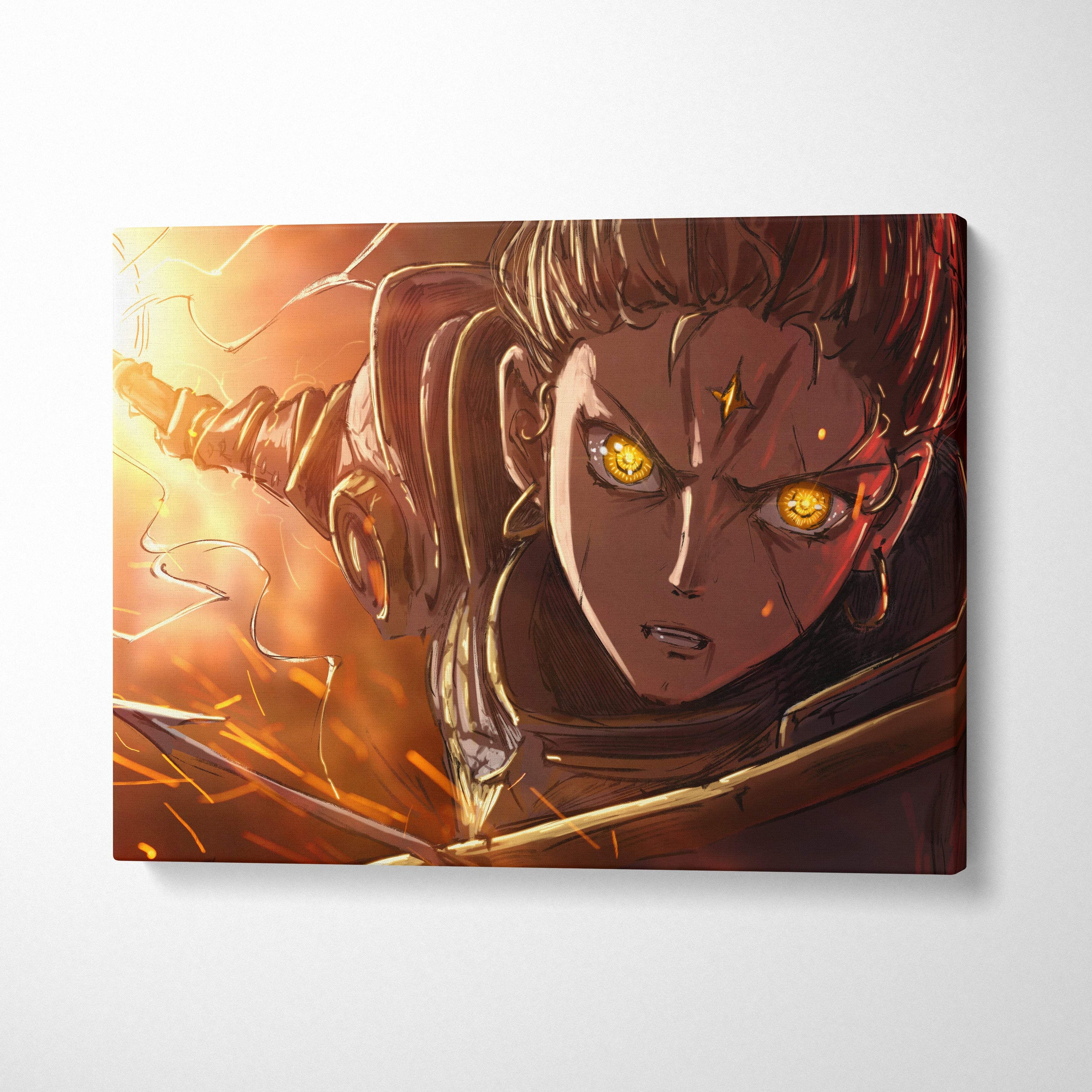 A vibrant canvas print of an anime warrior with glowing golden eyes and detailed orange and gold armor in a fiery fantasy style