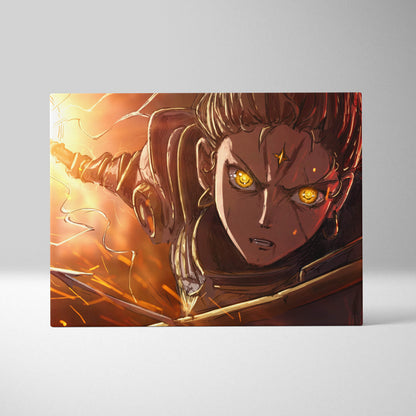 A rectangular canvas print of a fiery golden-eyed anime warrior with dark hair and detailed armor on an orange background
