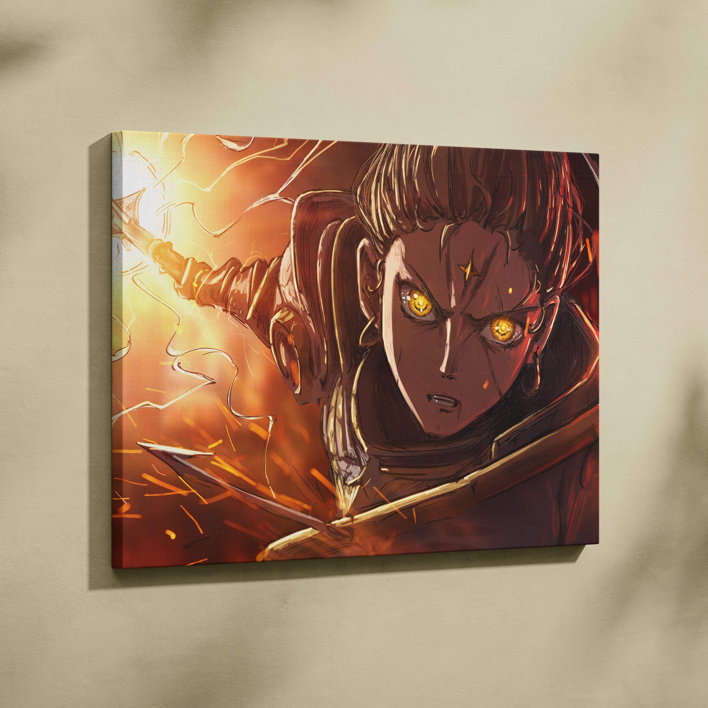 A fiery golden-eyed warrior canvas art featuring an anime character with dark hair in vibrant orange and gold hues