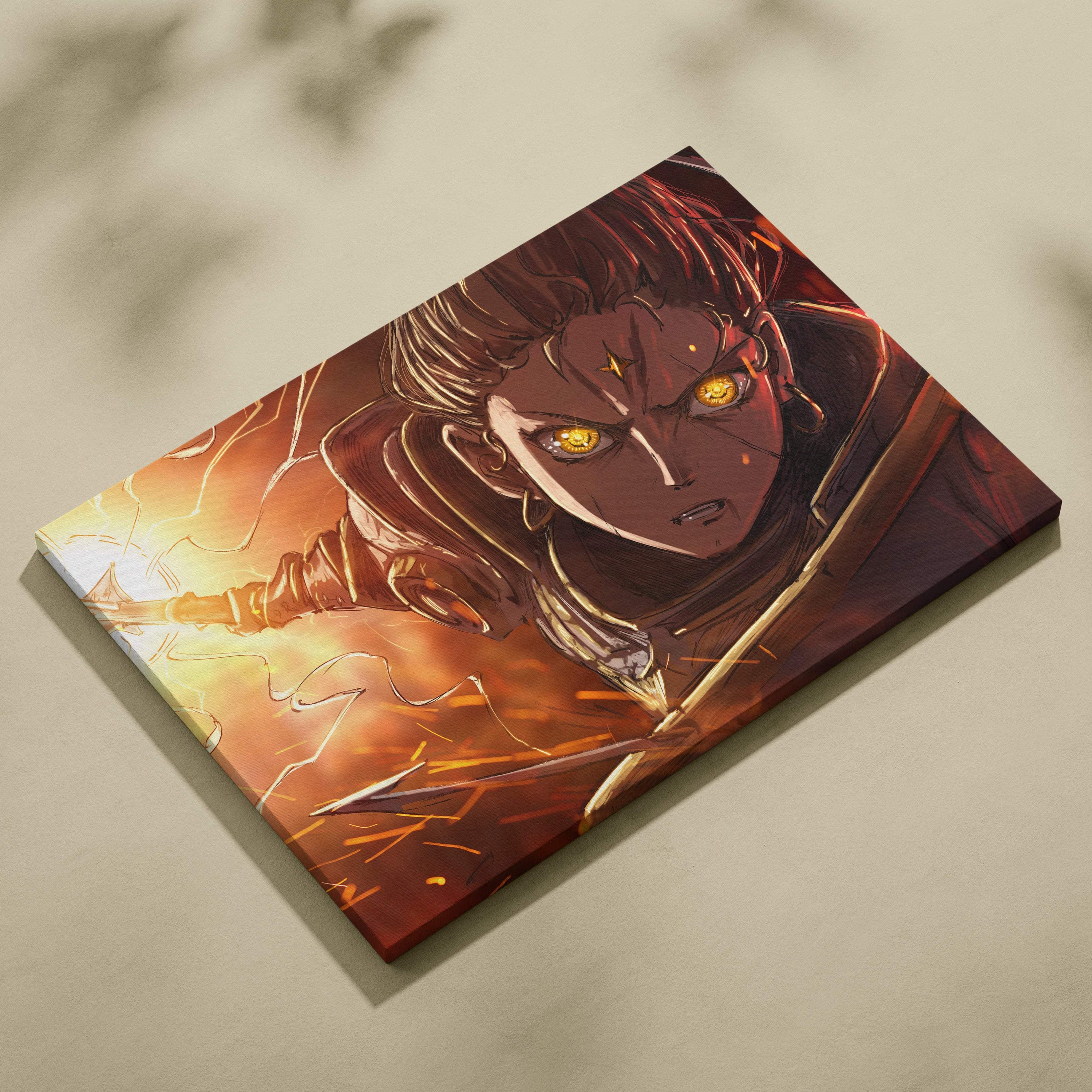 Fiery golden-eyed warrior rectangular canvas print with glowing lightning power and vibrant orange red tones in battle scene