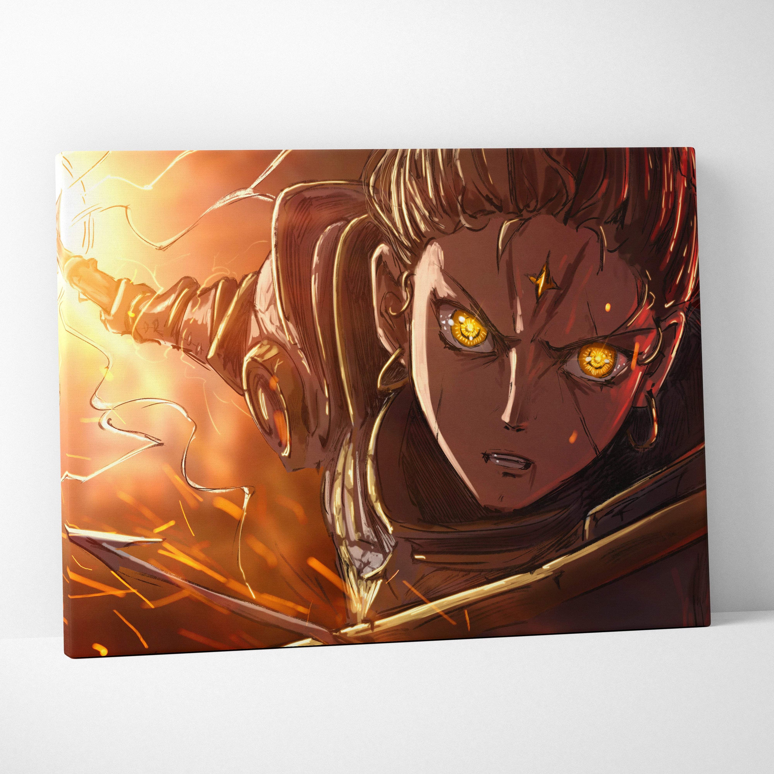 A vibrant anime-style canvas print featuring a fiery golden-eyed warrior with glowing lightning power and dark brown hair