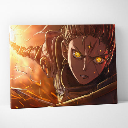 A vibrant anime-style canvas print featuring a fiery golden-eyed warrior with glowing lightning power and dark brown hair