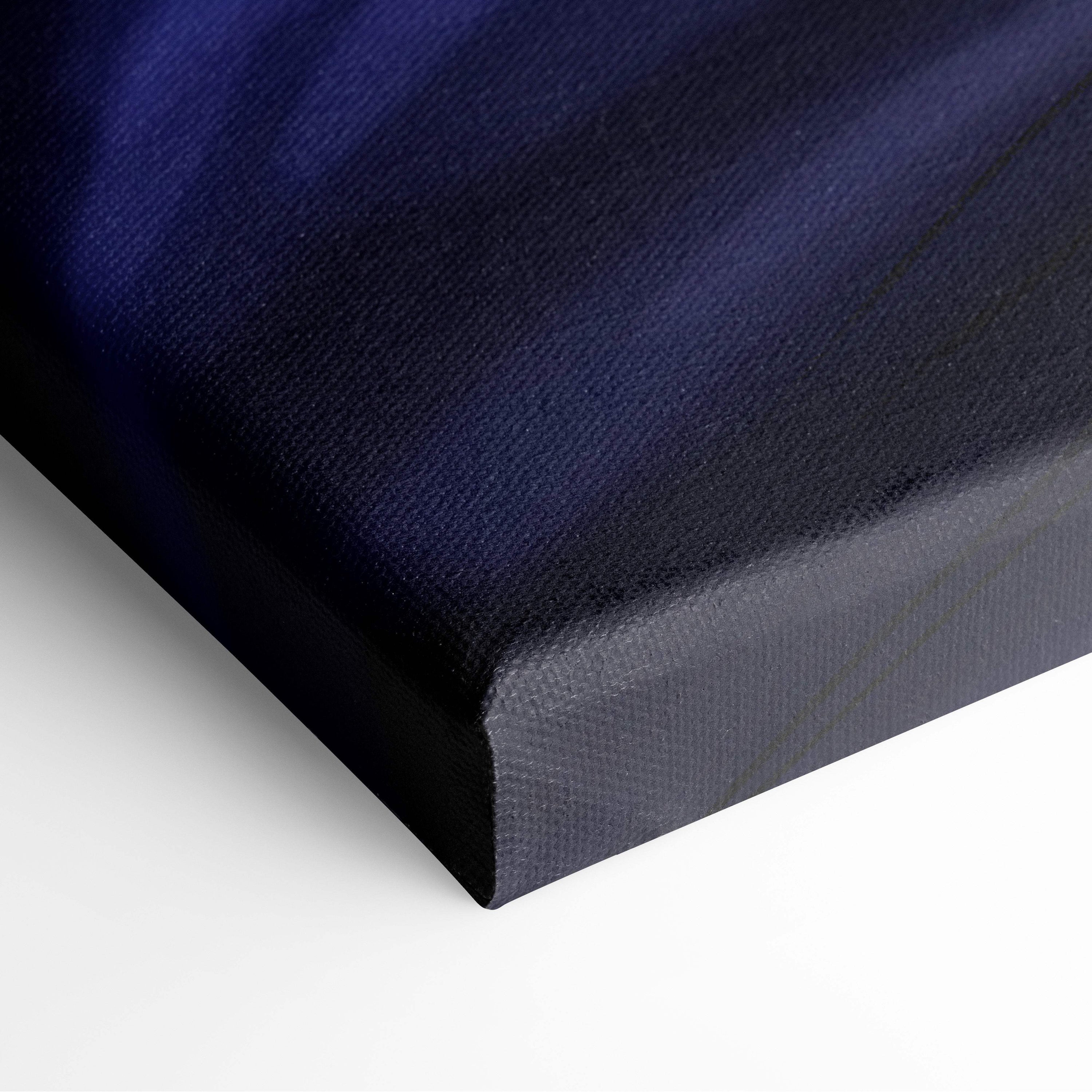 Deep navy canvas print of moonlit anime sword warrior with textured fabric surface and black stretcher bars