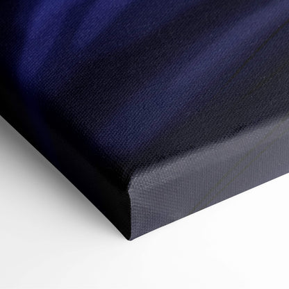 Deep navy canvas print of moonlit anime sword warrior with textured fabric surface and black stretcher bars