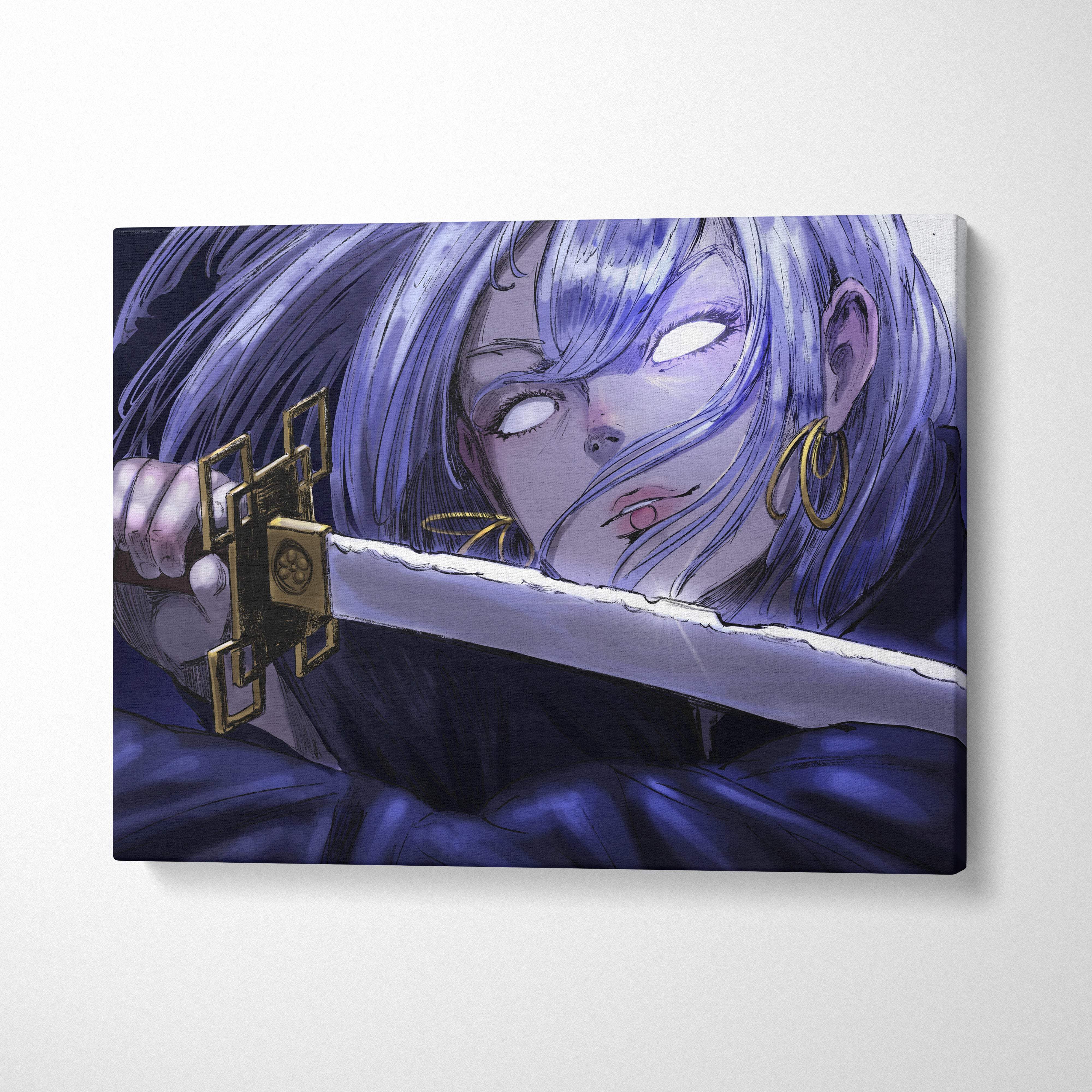 Moonlit anime sword warrior canvas art featuring purple-haired character holding gold hilt sword in dark fantasy style