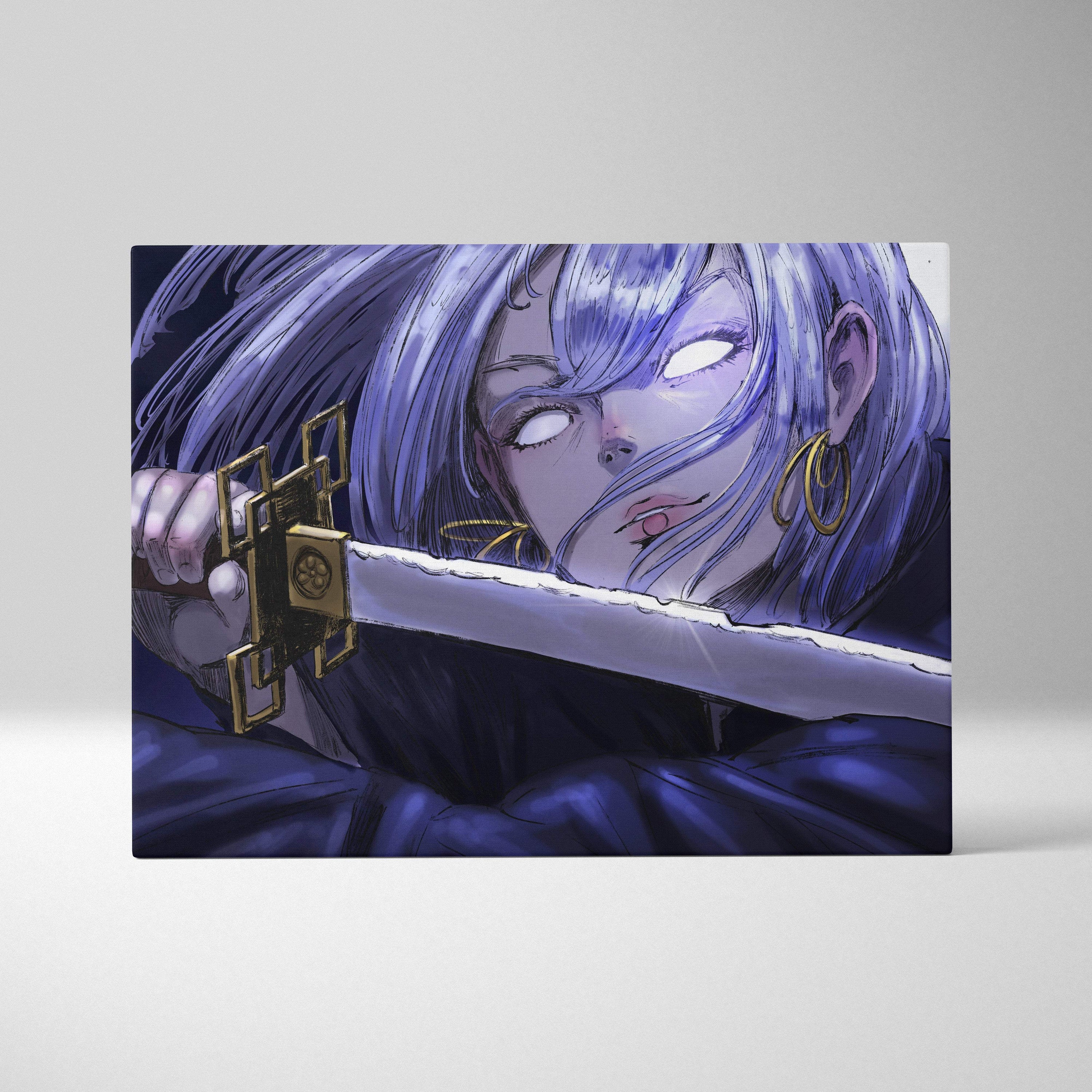 Purple-haired anime sword warrior with glowing eyes on a moonlit rectangular canvas print in dark fantasy style