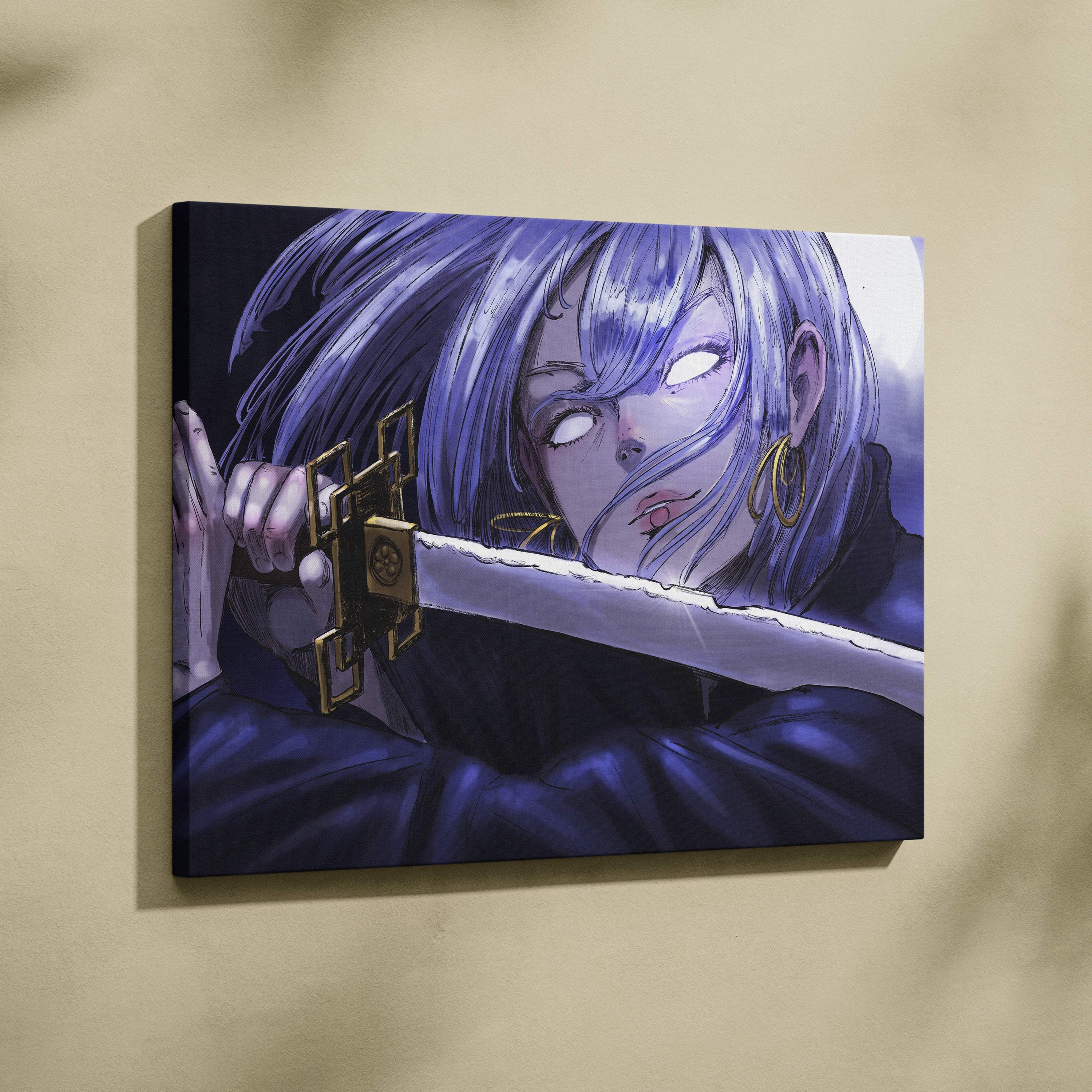 Purple-haired anime character holding a sword with ornate golden hilt on a stretched canvas print with cool blue tones