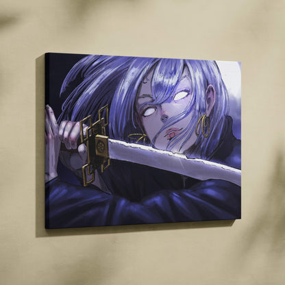 Purple-haired anime character holding a sword with ornate golden hilt on a stretched canvas print with cool blue tones