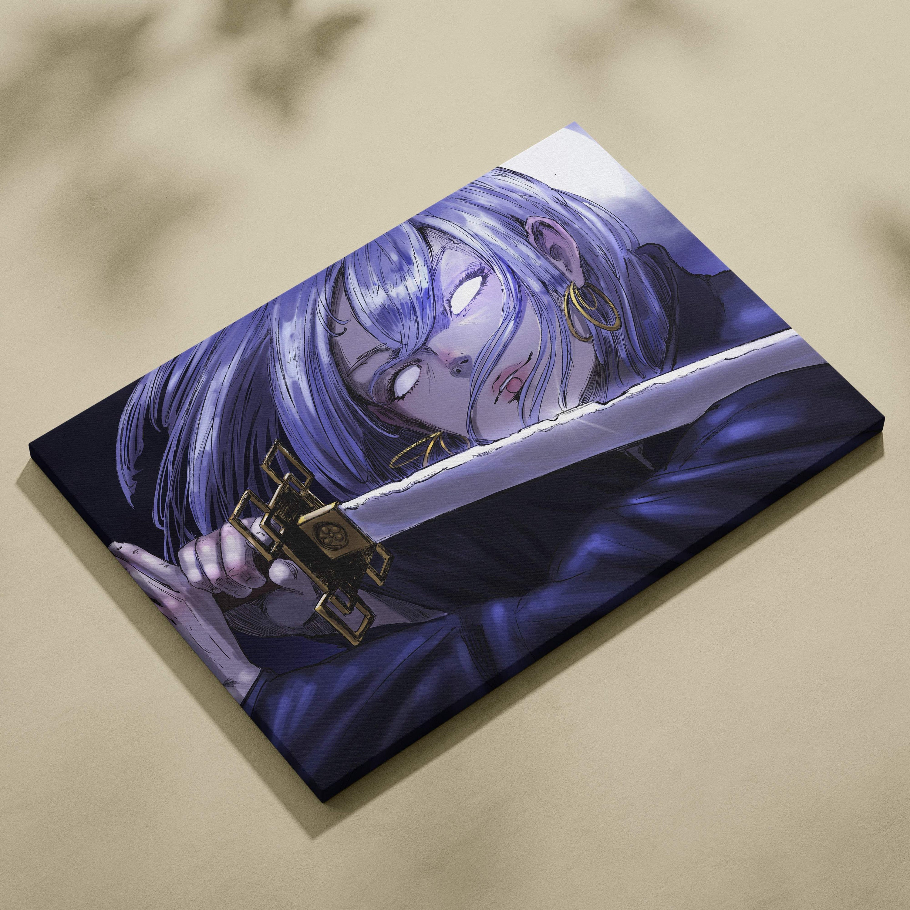 Moonlit anime sword warrior canvas art featuring silver blue hair character with glowing eyes and golden hilt sword