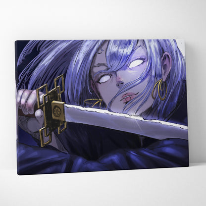A canvas print of an anime warrior with long purple hair and glowing white eyes holding a sword with a golden hilt
