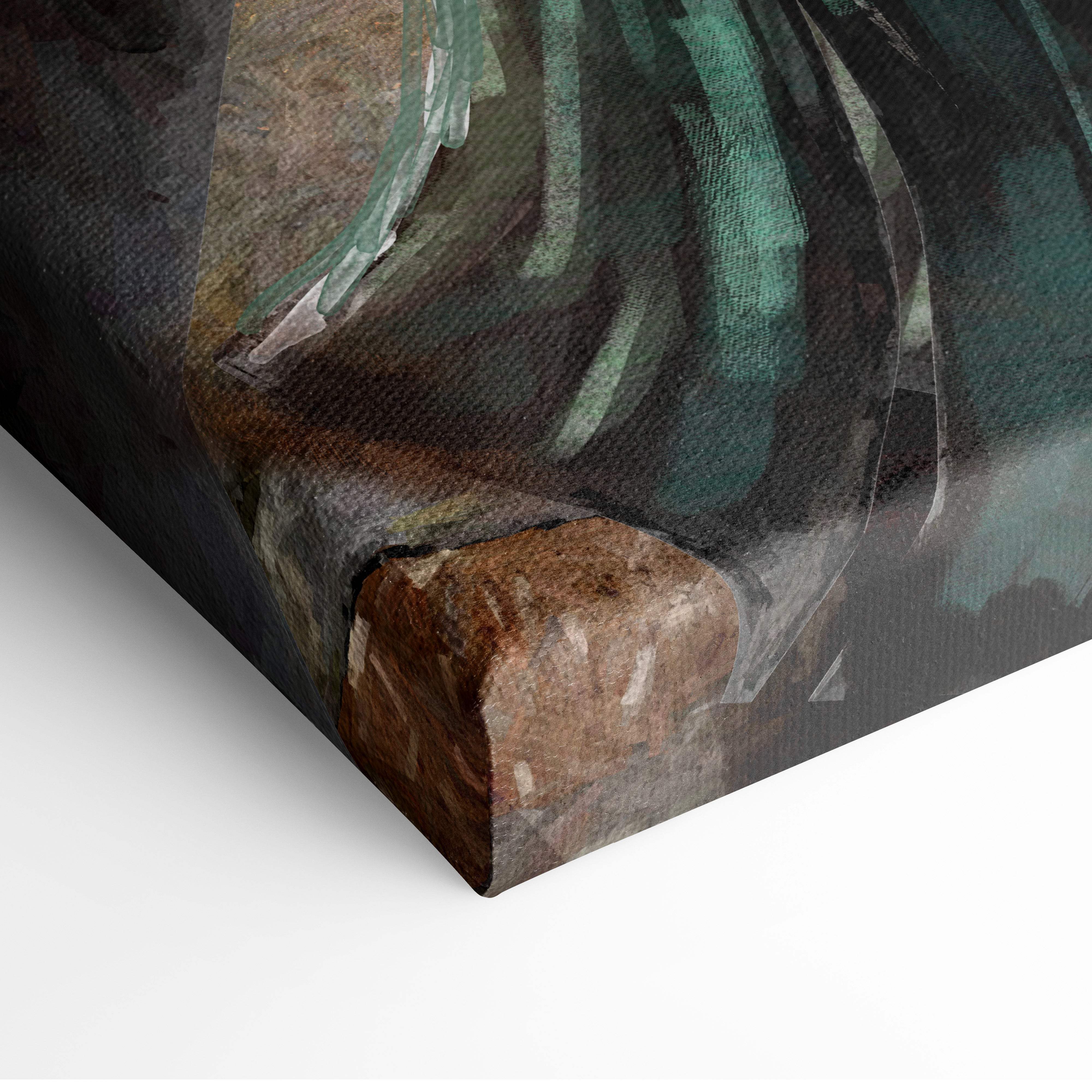 Dark fantasy wizard canvas wall art featuring textured teal and brown fabric draped over stone in painterly style