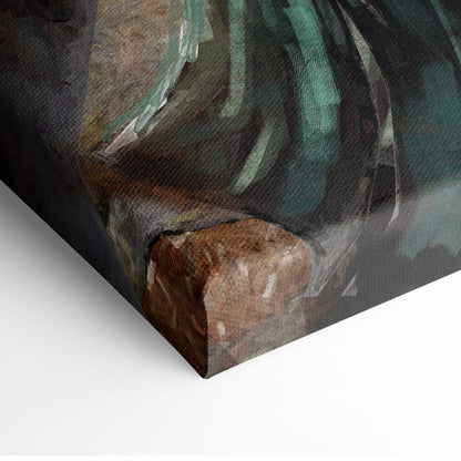 Dark fantasy wizard canvas wall art featuring textured teal and brown fabric draped over stone in painterly style