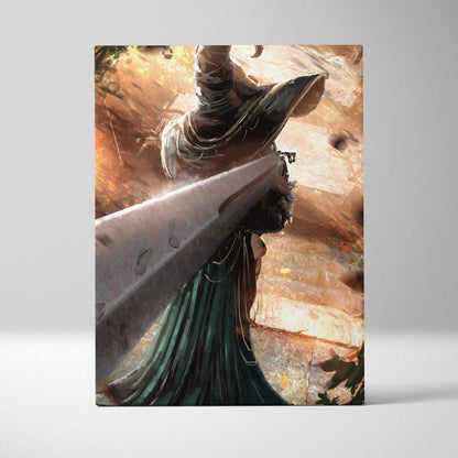 Dark fantasy wizard canvas wall art featuring a hooded mage in dark robes with a giant metallic sword on a forest path