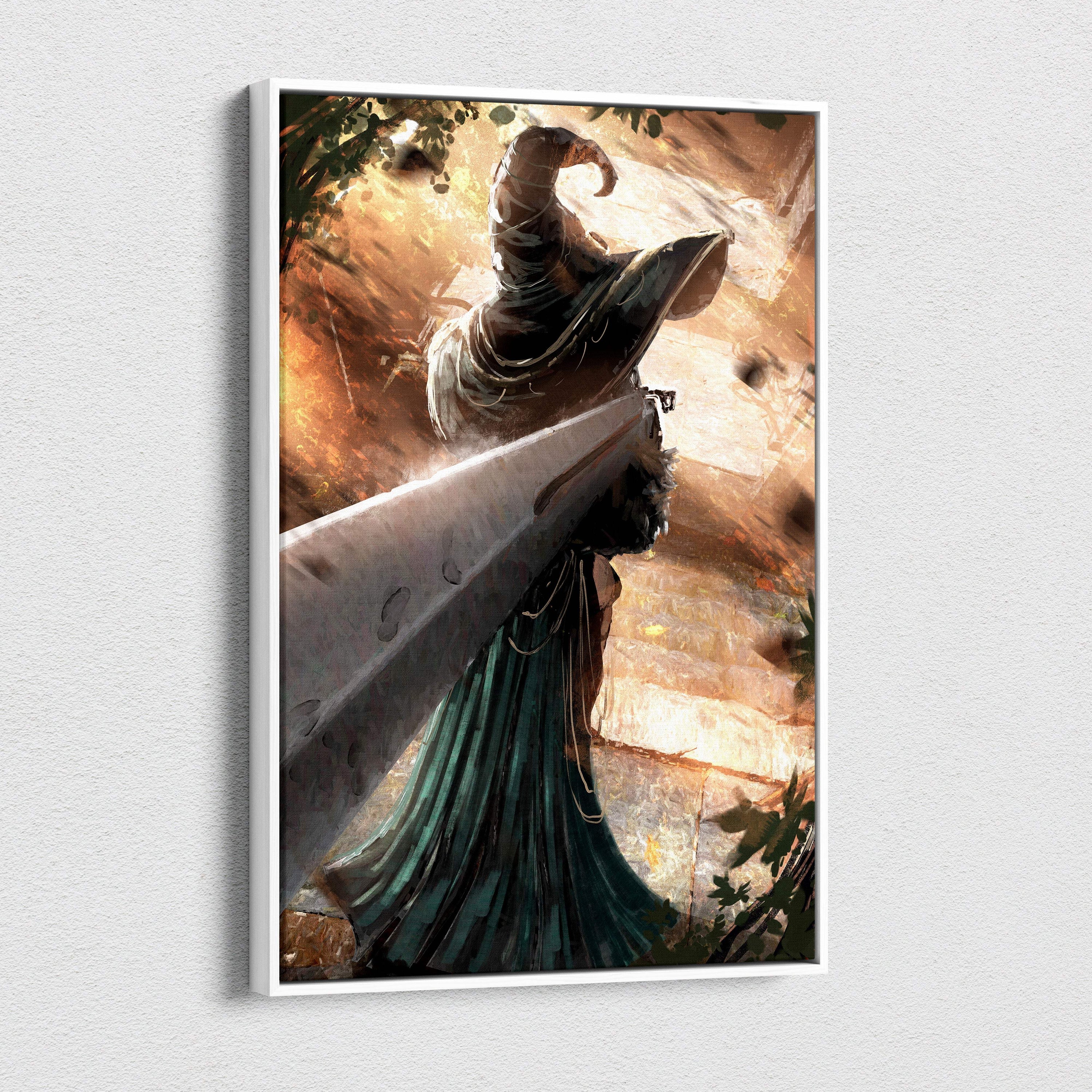 Dark fantasy wizard canvas wall art featuring a cloaked mage in green robes with a giant sword on a forest path