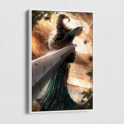 Dark fantasy wizard canvas wall art featuring a cloaked mage in green robes with a giant sword on a forest path