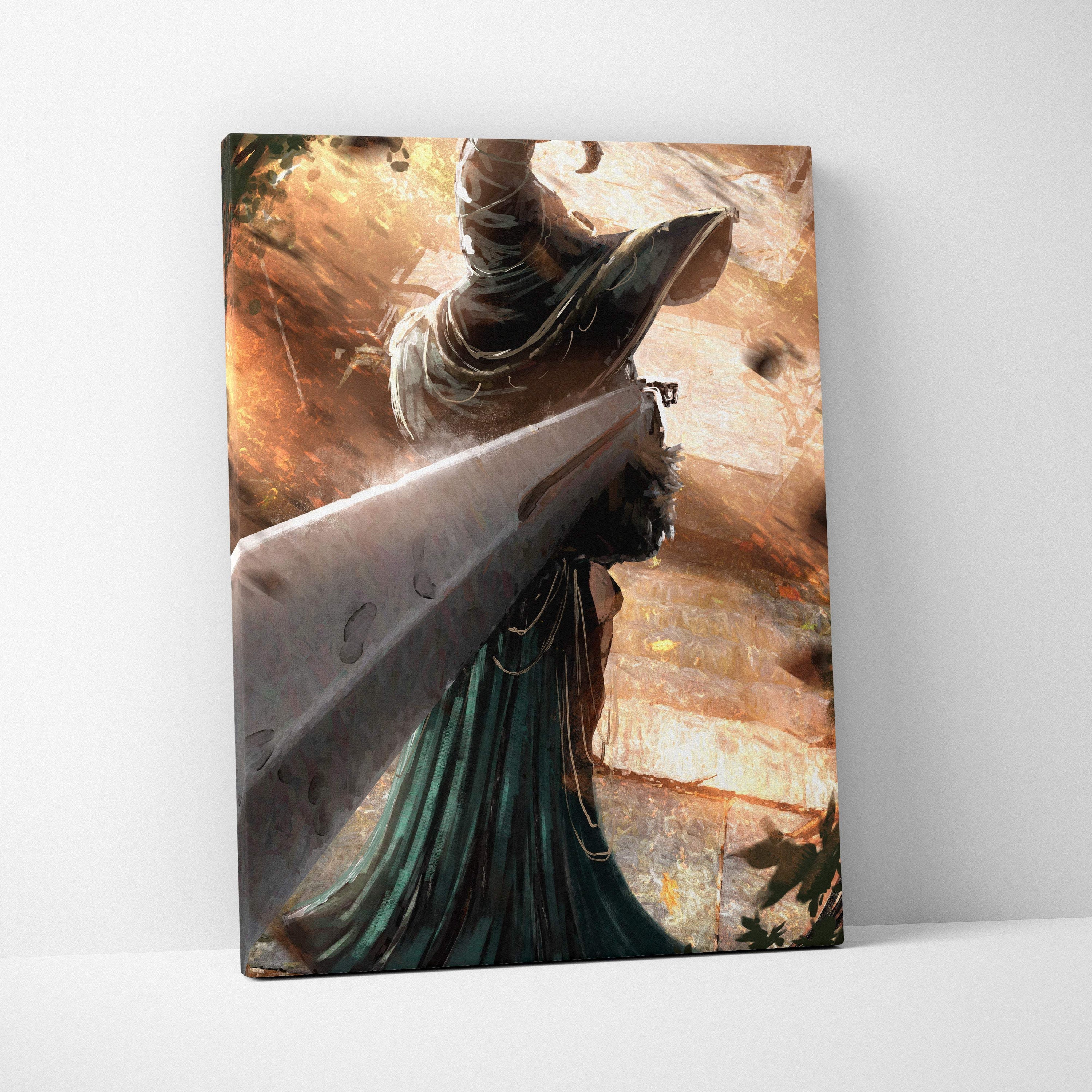 Dark fantasy wizard canvas wall art featuring a hooded mage in dark green robes with a giant metallic sword on a forest path