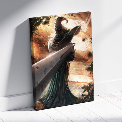 A canvas print of a dark fantasy wizard in a flowing cloak and tall hat standing by an ornate giant sword